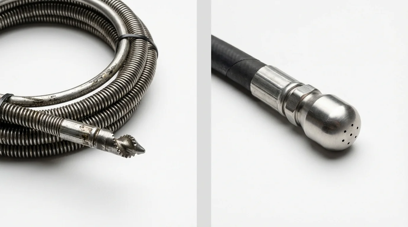 Drain snake cable and hydro jetting nozzle used for drain cleaning in Haverstraw, NY
