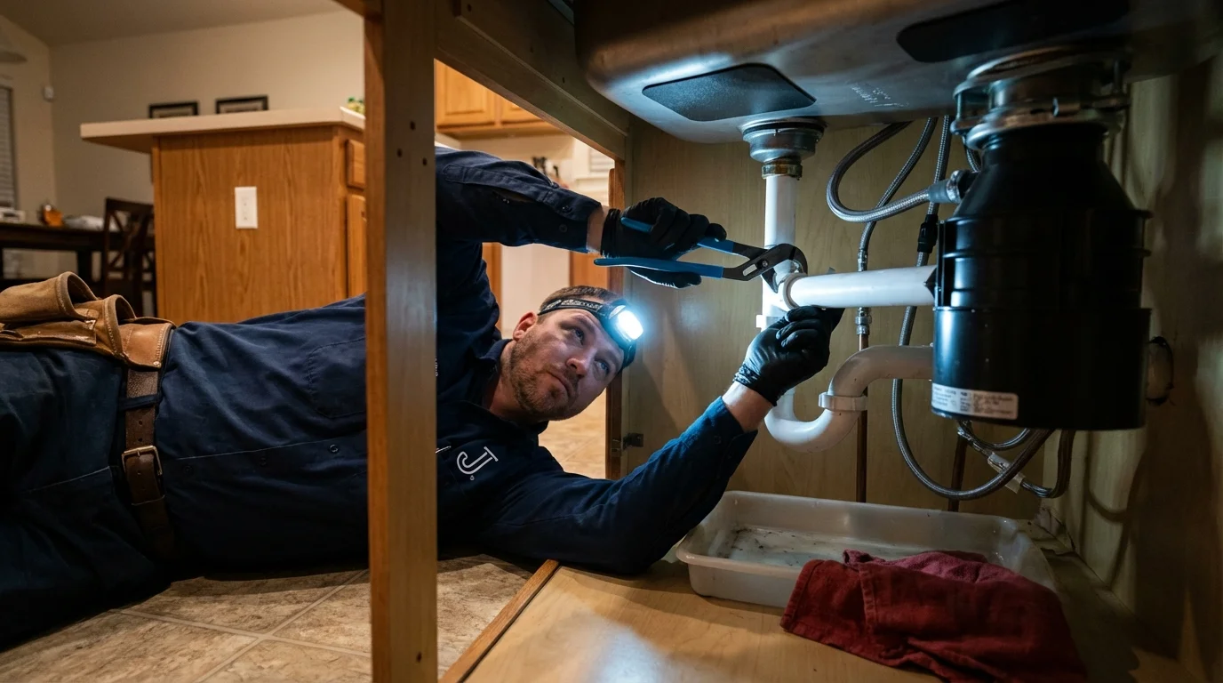 P-trap and supply line connections under a kitchen sink showing a common leak point in Haverstraw, NY